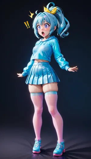 1 thick girl, big boobs, tight top, pleated skir, transparent legwear, surprised look