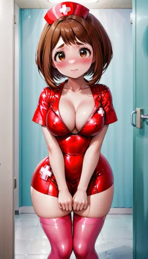 ochaco uraraka, pawg, ((black and red sexy nurse uniform)), latex pink legwear, low cut, downblouse, blush, shy