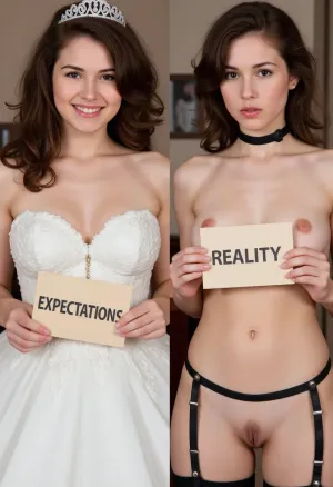 side-by-side two pictures, young French petite woman, curly brown hair, standing, (first picture on the left, confident, playful expression, huge smile, wedding dress, tiara, holding a handmade sign with text "EXPECTATIONS"), (second picture on the right, new expression on her face, much more serious, worried, nude, black choker around her neck, black leather harness with rivets on her chest, black garter at the waist, black leather straps with rivets on her legs, holding a handmade sign with text "REALITY")