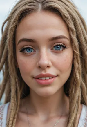 Hawaii girl, (big thick lips:1.4), big mouth, long blonde hair, (dreadlocks:1.2), pale skin, big smile with teeth, dimples, (very long thick eyelashes:1.3), (blue eyes), (freckles:1.4)