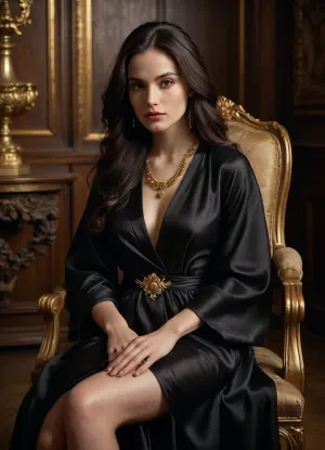 A woman with long dark hair, wearing a black silk clear transparent robe, sits on a chair, baroque interior, she is adorned with gold jewelry and has a sensual expression on her face., [Photorealistic, moody portrait], [Inspired by the work of Annie Leibovitz], [Soft lighting, warm tones, subtle shadows, a wooden wall backdrop, a slight vignette effect]