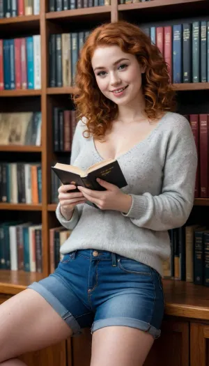Cleavage, leaning against a bookshelf, young girl 24 years old, red curly hair, redhead, beautiful hair, brown eyes, freckles on face, round cute face, chubby cheeks, cute smile, short stature, beautiful large breasts, big boobs, wide hips, big ass, short legs, warm sweater, jeans, library, reading a book