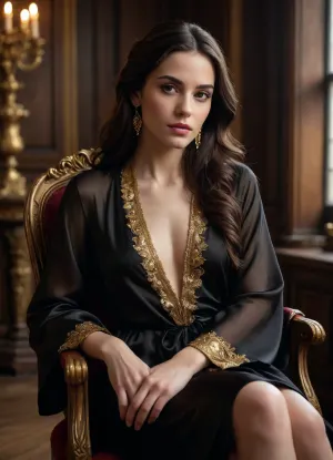 A woman with long dark hair, wearing a black silk clear transparent robe, sits on a chair, baroque interior, she is adorned with gold jewelry and has a sensual expression on her face., [Photorealistic, moody portrait], [Inspired by the work of Annie Leibovitz], [Soft lighting, warm tones, subtle shadows, a wooden wall backdrop, a slight vignette effect]