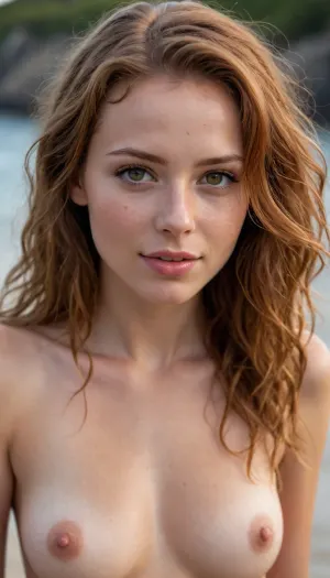 UHD 8K, extreme realism, maximum detail, 18 year old redhead girl, Slender figure, Firm ass, on beach, oiled skin, full body, wavy red hair. naked, realistically sexy ass and pussy, detailed skin, ((submissive)), ((lovely)), (((wild wet hair with sidelocks))), (((full body view))), (((high detailed legs))), (((high detailed fingers))), ((high detailed pores on skin)), well-build body, medium tits, small lips, lots of freckles face and skin, blush on the checks and nose, (raised nasal tip, upturned button nose, upturned nose, delicate nose, nose), hypnotized loving yellow brown eyes, very sexy horny smile, realistic lighting. sexy pose