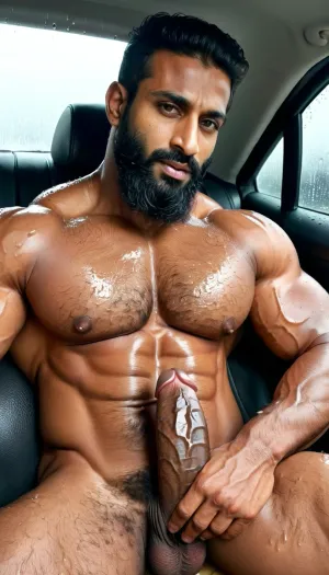 ('Afzal Khan' is Naked), Very ruggedly handsome Big Muscular Indian Muslim bodybuilders proudly showing their Big Cock while sitting in the Car at midnight, (Handsome and Hot Muslim hunks with very long beard), dark and rough Muslim men, (40 year old, Muslim, tall muscled Arab Indian dark male, rough, dominant, daddy, (hairy armpits and Chest), bodybuilder, enormous thick long dark cock, perfect fingers, oily Sweaty body, (wet messy hair), dilf, Big seductive eyes, Wet body), (big black circumcised penis with big testicles, ring pierced in penis), (rain drops), ultra sharp high definition details, pubic hair, professional photography, insanely detailed, RAW photo, HDR, hyper-realistic, cinematic lighting, photo realism, (Married Muslim Man aggressively masturbating), Big, cock, <lora:xpenis-1.5e:.5>, <lora:pein:.5>