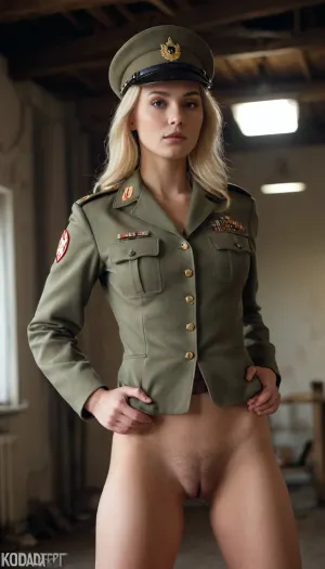 a tall superfit russian female soldier, full body photo, spreaded legs, blonde, woman 25yo, show her wild vagina, hairy pussy, she still wear parts of their uniform, army cap, boobs, massive tits, moaning, full front body shot, cinematic lighting.