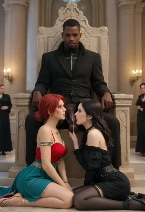 Inverse rites: a palace public performance - triss merigold, yennefer, an african king on throne