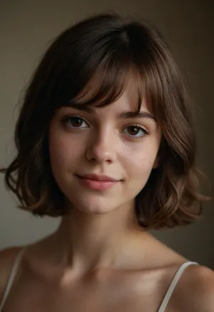 portrait of a beautiful girl, 18 yo, instagram model, sexy, thin, French, wavy modern Bob haircut, (brown hair), perfect brown eyes, (matte skin details), innocent, shy, smiling, masterpiece, hyperrealistic photo, best quality, detailed, skin, blemish, <lora:add-detail-xl:2>, skin spots