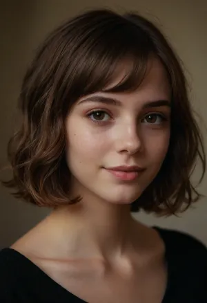 portrait of a beautiful girl, 18 yo, instagram model, sexy, thin, French, wavy modern Bob haircut, (brown hair), perfect brown eyes, (matte skin details), innocent, shy, smiling, masterpiece, hyperrealistic photo, best quality, detailed, skin, blemish, <lora:add-detail-xl:2>, skin spots