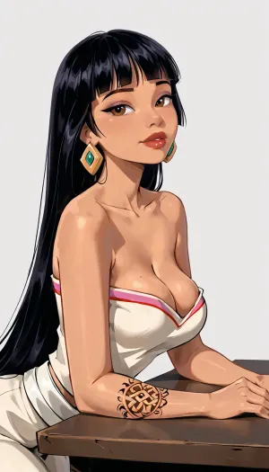 (Chel from Road To El Dorado), oily skin, goth, tattoos, (leaning over table), side view, (big tits:1.3), (cleavage teacher outfit), (toon), white background, samdoesart, <lora:samdoesart_style_xl_v1:.6>