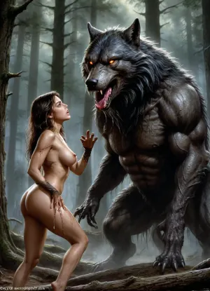 (hyper realistic photography 1.3), (realistic), 1, best lighting, perfect illumination, (best illumination), (best shadows), highres, ultra-detailed, 8K, UHD, highest quality, masterpiece, best quality, (ultra realistic), sharp image, monstrous big black wolf with many glowing eyes and dripping penis prepares to attack a half naked warrior woman, Big breasts, Long Hard nipples, (((10 eyes))), monster, big animal penis, long penis, wolf with big dick, giant dick, dark forest, Luis, Royo, <lora:Luis_Royo:.5>
