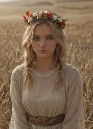 A traditional Slavic dress with intricate embroidery in red, white, and gold patterns. The outfit includes a long, flowing skirt, a richly decorated blouse with wide sleeves, and a woven belt with geometric designs. The dress is adorned with fine details, such as lace and beadwork. She is wearing a flower crown made of wildflowers and ribbons flowing down her back. The style reflects ancient Slavic culture, with natural materials and bright, vibrant colors, 1girl, 1man, Slavic, blonde, lush hair, curvy braids, beatiful face, blush on the face, braight gray eyes, white tradithional slavic shirt, (in an endless field of wheat), sunlight, detailed background, kinemographic environment, high resolution, (erotic:.5)