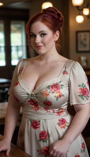 close-up, Intricate stunning highly detailed beautiful and smiling woman of 40 years old, (plump bbw:1.2), tavern owner, white with colorful flovers a loose-fitting sundress with a rounded neckline, deep horse shoe neckline decorated with large voluminous artificial silk roses, middle sleeve, Empire style, random color of eyes, delicate features, round face, pale skin, red hair, irish, her hair tucked into a neat bun and two curly strands on the sides, a full-figured woman, cute, long eyelashes, portrait, tavern background, bleak, beautiful lit, drawing by Florian Nicolle and Tom Bagshaw and Karol Bak