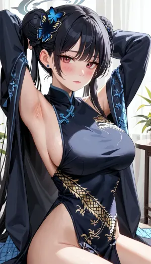 sensei, (blue archive), doodle sensei, rio, kisaki, 1gir, breasts, closed mouth, cosplay, dress, long hair, looking at viewer, solo, hair ornament, blush, hairclip, large breasts, red eyes, sideboob, double bun, hair bun, long sleeves, armpits, china dress, chinese clothes, thighs, blue dress, arms up, pelvic curtain, halo, butterfly hair ornament, dragon print, (cosplay)