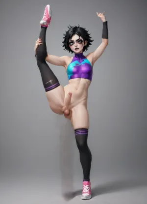 shemale, futanari femboy, little cock, big balls, bodibuilder, little ass, little butt, very muscule, very athletic, sneakers, heavy makeup, exhasted face, fleshing tits, ripped closes, gymnast outfit, thigh socks, black hair, spiky hairstyle, jumping