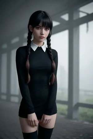 full body portrait, (pretty girl), face forward, (raven black hair color, twin braids pigtails, bangs), serious expression, looking at viewer, ((wearing long-sleeved black crew neck dress with a white collar, black thigh high socks, mary jane shoes)), standing, skinny, petite body, midnight, eerie vibes, creepy mansion, brick, vines, field, fog, mysterious, BREAK, (8k, RAW photo, best quality, masterpiece:1.2), (realistic, photo realistic:1.3), UHD, high detail RAW color photo, sharp focus, (real skin), perfect anatomy, slender, perfectly detailed face and eyes, (cinematic lighting), (moist eyes, moist lips)