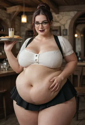 ((obese fat ssbbw waitress at the tavern, breast expansion, wide hips, oversized belly)), . Pale goth girl, dark lipstick, redhair in a bun, ruined makeup, glasses. horny and blusing, perfect face, perfect eyes, focused eyes, perfect fingers, masterpiece, best quality, ultra realistic, high definition, sharp focus, high budget, cinemascope, moody, epic, gorgeous, film grain, grainy, score_9, score_8_up, score_7_up, middleage, A micro-skirt, barely covered medieval top, delivers orders on trays, smile on face, hanging belly, cellulite on belly, cellulite on thighs