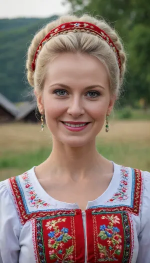 45 yo peasant smiled woman standing in village, ((fit body)), (wearing Ukrainian summer national costume, Embroidery), ((blonde updo haircut)), ((makeup:1.5))