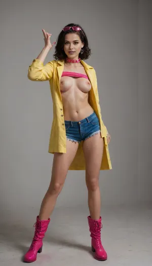 Woman dressed like sexy jubilation lee from X-men, nsfw, sexy green stiletto boots, (short messy coiffed spiked black hair), (sexy pink spandex crotchless bathing suit), (long yellow raincoat with lifted collar, 1.4), big pink earrings, (short jeans shorts:1.4), oversized pink sunglasses on head, weaving hands in the air as if conjuring sparkd, breasts, cutout, clothing, nipples, wide hero stance, full body, jubilee from x-men, slender, stunning figure, <lora:2BoutOvalSDXL2-000002:.5>