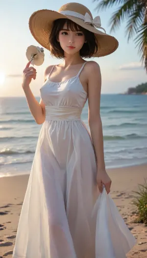 1girl, accidental exposure, air bubble, blue sky, bottomless, brown eyes, brown hair, bubble, closed mouth, covered erect nipples, dress, exhibitionism, groin, half-closed eyes, hat, holding, holding hat, holding unworn clothes, no panties, ocean, public indecency, sash, sky, sun hat, sundress, white sash