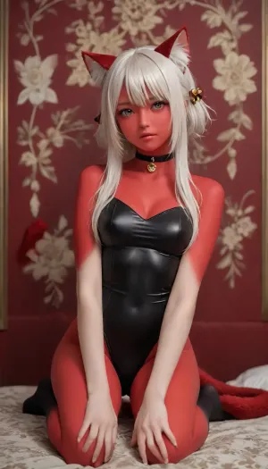 lv2 kara cheat datta moto yuusha kouho no mattari isekai life, uliminas, 1girl, animal ears, black leotard, cat ears, cat girl, colored skin, demon girl, face down, furry, furry female, leotard, red skin, tail, white hair
