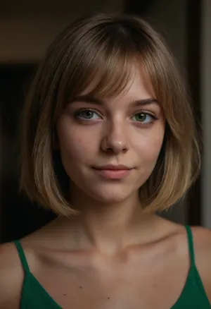 portrait of a beautiful girl, 18 yo, instagram model, sexy, thin, Hungarian, messy Bob haircut, fringe, (dark-blond hair), perfect green eyes, (matte skin details), innocent, shy, smiling, masterpiece, hyperrealistic photo, best quality, detailed, skin, blemish, <lora:add-detail-xl:2>, skin spots