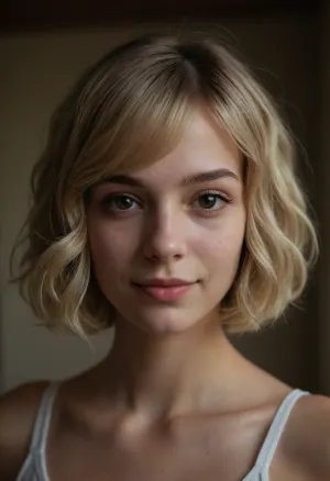 portrait of a beautiful girl, 18 yo, instagram model, sexy, thin, French, wavy modern Bob haircut, blond hair, perfect brown eyes, (matte skin details), innocent, shy, smiling, masterpiece, hyperrealistic photo, best quality, detailed, skin, blemish, <lora:add-detail-xl:2>, skin spots
