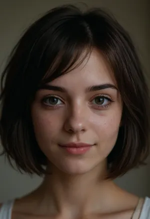 portrait of a beautiful girl, 18 yo, instagram model, sexy, thin, French, messy Bob haircut, (Dark hair), perfect clear eyes, (matte skin details), innocent, (shy smile), masterpiece, hyperrealistic photo, best quality, detailed, skin, blemish, <lora:add-detail-xl:2>, skin spots, (makeup)