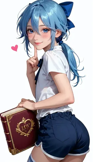 lloyd de saloum, closed mouth, looking at viewer, short sleeves, smile, solo, male focus, looking back simple background, white background, femboy, blue eyes, blush, blue hair, socks, trap, bow, leaning forward, ponytail, shorts, holding, heart, hair bow, hair between eyes, book, character name, holding book, finger to mouth, eyelashes, low ponytail