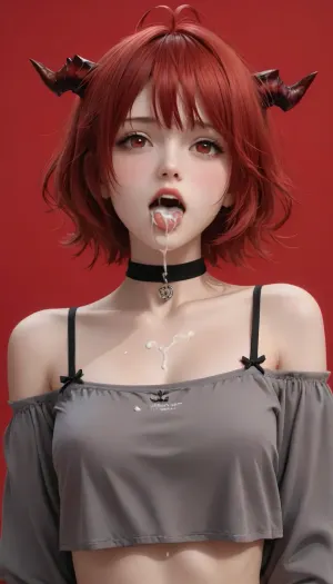 arknights, w, (arknights), 1girl, ahoge, antenna hair, black choker, blush, bow, bra strap, breasts, choker, cleavage, cum, (cum in mouth:1.7), cum on body, cum on breasts, cum on upper body, demon horns, facial, grey hair, grey shirt, hair bow, horns, off shoulder, off-shoulder shirt, open mouth, red background, red eyes, red hair, red horns, shirt, short hair, simple background, solo, tongue, tongue out, trembling