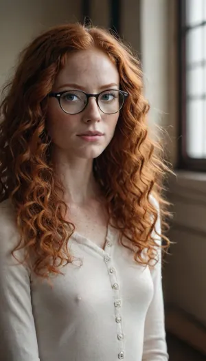 skinny woman, ginger, glasses, freckles, very long curly hair, <lora:cockteaseLoRASDXL:.5>