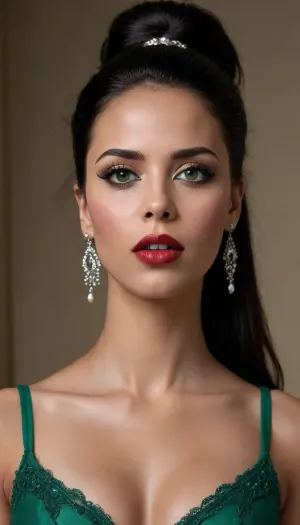 masterpiece, best quality, highly detailed, photorealsitc, A woman with very black skin and features that are traditionally associated with white women, creating a striking and unique appearance. She has dark black skin, light-green colored eyes, and delicate facial features such as a slender nose, high cheekbones, and full lips. Her green eyes are enhanced by strong smokey eyeshadow and heavy black eyeline, Her pretty mouth is accentuated by dark red lipstick. Her straight black hair is styled in a side parting, adding to her graceful look.