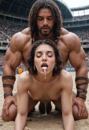 UHD 8K, extreme realism, maximum detail, ((in gladiator arena)), ((defeated tiny petite woman fucked by big muscular gladiator)), anal doggystyle, eyes closed, ((many spectator on the arena's bleacher)), roman era, huge dick, 35cm long dick, lots of cum dripping from mouth, face covered in cum, realistic eyes, intricately detailed eyes, intricately detailed face, 4k, photorealistic