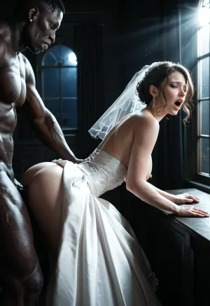 interracial, dark room, black walls, black curtains, no electricity, no light, dark night, moonlight rays, ambient lighting, window, night, bent forward, huge black brutes fucking her doggystyle, wedding dress, huge size naked black brute, orgasm