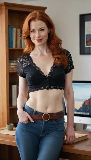 A photo of a redhead 40yo Scandinavian woman, (very tall and medium sized body), slender and curvy, pale skin, small moles on body, slightly freckled pale face, wavy mid-length red hair, beautiful and sassy eyes, ((relatively big hips)), ((1 eye squeezed wink)), tongue in cheek, smiling and self confident, in an home office with a futon, standing on the other side of the working table desk, MacBook and books on table, she is undressing her thin shirt, revealing her medium sized ripe and perfect and round titties with pointy poky red swollen nipples, (high waist worn jeans with string belt), a peek of her lacy hipster-type classic briefs by the rim of her jeans, very realistic photo, high quality, Nikon, 8k, masterpiece, bright daylit room, perfect hands, slightly toned perfect arms