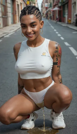 20 years old brazilian girl, (cornrows), smile, white small panties, dark skin, huge tattoo, squatting on street, pissing thru panties, white crop top, white sneakers, closeup