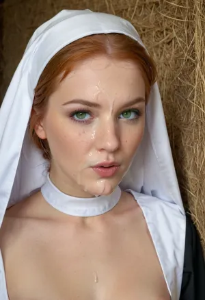 concept art high quality, high detail, 4k, long ginger hair, makeup, sexy body, perfect face, (catholic nun:1.3), looking at viewer, zPDXL2, score_9, score_8_up, score_7_up . digital artwork, illustrative, painterly, matte painting, highly detailed, One redhead Scottish girl in horse stable, very elegant girl, ((very cum dripping from lips)), ((very cum on face and hair)), green eyes, detailed face, detailed eyes, pleasure in face, perfecteyes, realcumAI, cumshot in face, sperm drops, facial, cum, on, face, breasts, stomach, covered, in, perfect, <lora:JustCum:.5>, <lora:PerfectEyesXL:.5>, <lora:Facials:.5>