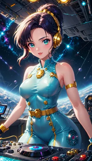 Here is a description of the image, **One-sentence summary, ** A stylized illustration depicts a young woman DJing on a futuristic turntable, situated in a spaceship overlooking Earth.

**Detailed description, **

The image is a vibrant, stylized illustration, possibly digital art, with a retro-futuristic aesthetic. The central figure is a young woman with dark hair pulled back into a bun, wearing gold headphones. Her attire consists of a sleeveless, reddish-pink, patterned dress with gold embellishments and a gold belt. She has fair skin and appears to be enjoying her work. 


She is positioned behind a large, complex-looking DJ setup, a mixing console with numerous knobs, buttons, and sliders. The console itself has a retro-futuristic design, with a teal metallic finish. A large turntable is prominently featured in the center of the console. The style suggests a blend of analog and digital technology.

The woman is situated in what looks like a spaceship cockpit or control room. A large window behind her offers a stunning view of Earth from space, showing swirling clouds against a backdrop of deep space with a few visible stars. The view from the window dominates the background, creating a contrast between the interior technology and the vastness of space and our planet. The spaceship interior has a palette of teal, beige, and dark metallic tones, further enhancing the retro-futuristic mood.


The overall atmosphere of the picture is calm yet energetic. The woman's expression suggests that she really enjoys her music, creating a mood of creative immersion. The setting, the advanced technology, and the view from the window contribute to a dreamy, imaginative, and technologically advanced environment. The style recalls 1980s-inspired science fiction art mixed with a current animation technique, making it simultaneously nostalgic and futuristic. The overall mood is one of serene creativity and vast possibilities., ((Her face expression is serene and ecstasy.))