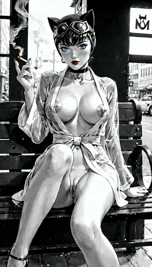 Girl in noir style, Catwoman from DC Comics wearing a mini see-through kimono, vagina, goggles, she is sitting on a bench near a blue pool, smoking a cigarette, noir, full horizontal body, (puffy breasts), pierced nipples, night city, nipple slip, blue eyes, red lips, . Style, drawn in black and white colors., one, breast, <lora:one breast out XL:.5>, anime style, noir style, black and white drawing, ((the background is noir style black and white))