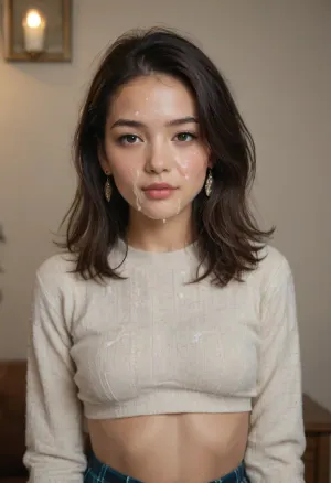 Skinny 18 year old eurasian girl in tight cropped sweater and plaid skirt with firm breast, half asian, flat midriff, cumfacial55, cum, on, face, cumshot, cumfacial, lots of cum on face, cum on lips, facial, <lora:RMSDXL_Enhance:1.4>