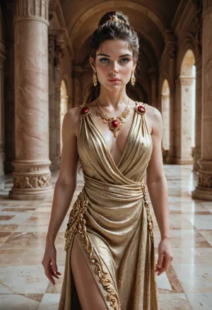 Beautiful 27 years old American-Italian brunette, very pretty and elegant, elegant Roman tunic with gold embroidery, detailed beige skin tone, round E size tits, alone, gold and ruby ​​​​jewelry, font view, looking forward, round lips painted in fiery red, athletic body with sexy legs, round blue eyes, detailed high ponytail hairstyle, Roman nose, closed mouth, perfect fingers and hands, walking through the Roman palace, detailed background, <lora:580159_training_data:1>