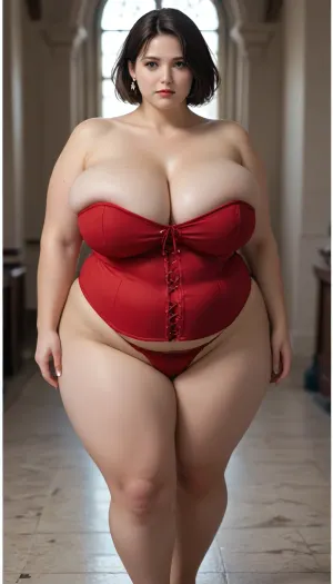 short chubby woman, big obese belly ssbbw, huge sagging breasts, black and red corset, black stokings