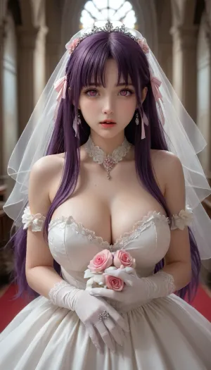 fate/extra, passionlip, 1girl, bare shoulders, blush, bow, breasts, bridal veil, bride, claws, cleavage, dress, flower, gloves, hair ribbon, huge breasts, long hair, looking at viewer, open mouth, pink eyes, purple hair, ribbon, solo, strapless, strapless dress, veil, very long hair, wedding, wedding dress, white dress, white gloves