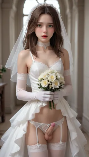 femboy, solo, blush, bouquet, bridal veil, bride, brown hair, choker, crotchless, crotchless panties, dress, elbow gloves, erection, flower, garter straps, gloves, green eyes, lingerie, long hair, open mouth, panties, penis, precum, tears, testicles, thighhighs, trembling, underwear, veil, wedding dress, white gloves, white panties