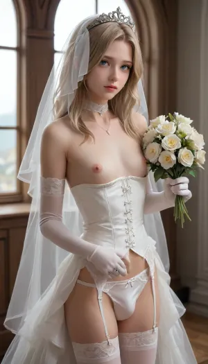 1boy, blonde hair, blue eyes, bouquet, bridal veil, bride, bulge, choker, corset, elbow gloves, erection, flower, garter belt, garter straps, gloves, jewelry, lingerie, long hair, male focus, necklace, nipples, panties, ring, solo, thighhighs, trap, underwear, veil, waistcoat, wedding ring, white gloves, white panties, white thighhighs
