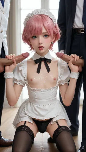 2boys, black hair, black panties, blue eyes, blush, breastless clothes, brown eyes, bukkake, bulge, (cum:2), cum on clothes, detached sleeves, earrings, full body, handjob, handjob over clothes, jewelry, looking at viewer, maid, maid headdress, male focus, multiple boys, nipples, otaku-apologist, panties, pink hair, puffy short sleeves, puffy sleeves, saliva swap, short hair, short sleeves, thighhighs, tongue, tongue out, trap, underwear, yaoi