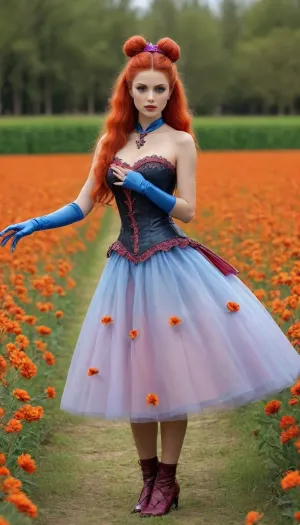 masterpiece, best quality, outdoors, grass, field, 1girl, solo, (short body:1.3), looking at viewer, long hair, ponytail, blue eyes, orange hair, very long hair, brown hair, magical girl, (style Michael Cheval:1.5), saturated, colors, leather, halter, ball, gown, knee, length, short, elbow, gloves, full, body, shot, <lora:tbh129-sdxl:1.5>, <lora:saturated_colors:1.7>, <lora:Samaritan 3d Cartoon SDXL:.1>