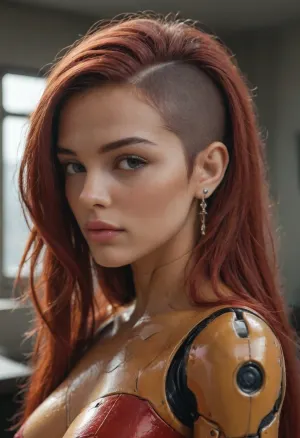 1 woman, very very very long red hair with undercut, (robot skin:1.5), body view, <lora:robot_skin_XL_1.0.6:.5>