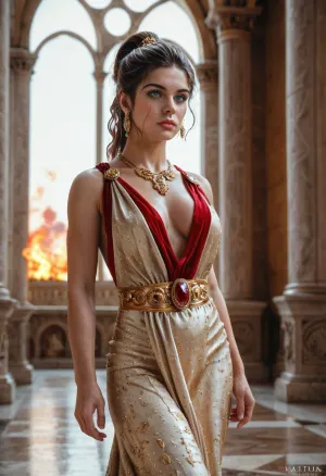 Una passeggiata nel tempo: una bellezza americana-italiana dona una tunica romana in un elegante palazzo