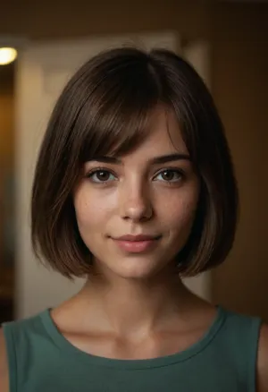 portrait of a, (beautiful), girl, 18 yo, Instagram model, sexy, thin, Chilean, (small nose), Bob haircut, (brown hair), perfect eyes, (matte skin details), innocent, (shy, smile), masterpiece, hyperrealistic photo, best quality, detailed, skin, blemish, <lora:add-detail-xl:2>, (skin spots), (makeup)